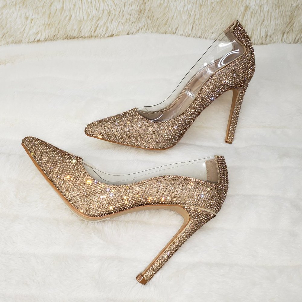 Rose Gold Rhinestone High Heel Illusion Pumps